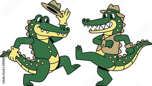 Alligator dancers wearing vintage hats and vests perform a synchronized routine in a classic style.
