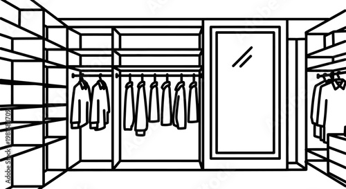 Minimalist Line Art Illustration of a Walk-in Closet with Clothes and Mirror.