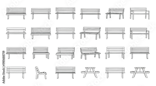 Collection of various bench designs and styles in line art