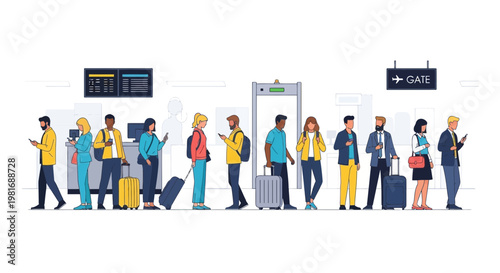Diverse people queuing at airport security checkpoint with luggage, travel concept
