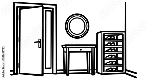 Minimalist Line Art Drawing of a Home Entryway with Furniture.