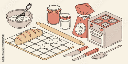 Isometric illustration of baking ingredients and kitchen tools arranged neatly