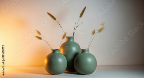 Set of three graduated sage green ceramic vases with dried grasses and soft lighting