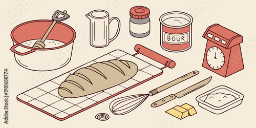 An illustrated arrangement of baking ingredients and tools on a surface
