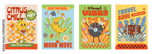 Retro party groovy characters posters of travel luggage suitcase, funny chill lemon holding a tea, dancing crescent moon, vinyl record singing with microphone. disco club and funky vintage posters