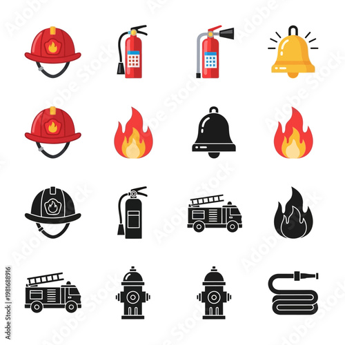 Fire truck and firefighting icons set.