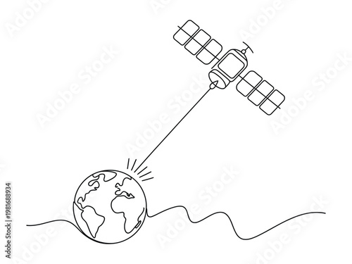 Line drawing of satellite in space orbiting the earth with signal transmission  space technology concept