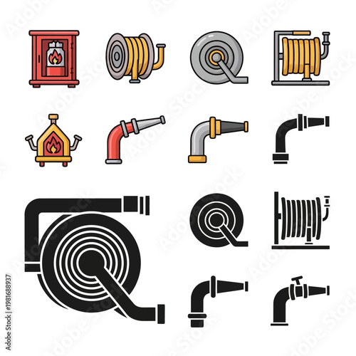 Fire hoses and nozzle icons set.