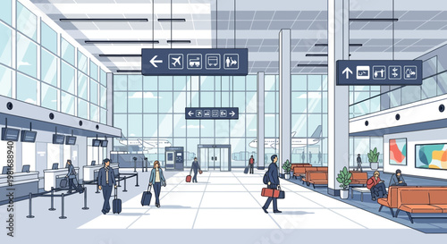 Modern Airport Terminal Interior with Travelers, Check-in Counters, and Departure Boards