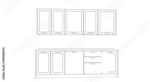 Modern Kitchen Cabinetry Design Blueprint Illustration.