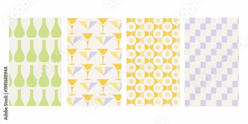 Four patterned fabric swatches featuring retro mid century designs