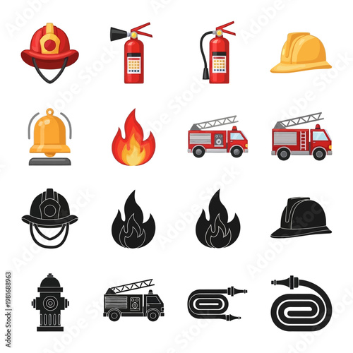 Firefighter equipment and vehicle icons.