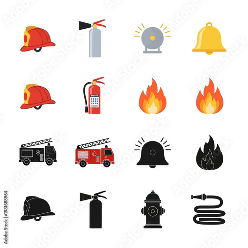 Firefighting equipment and tools icons.