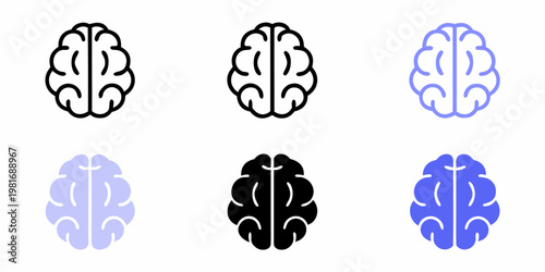 Six stylized brain illustrations in varying shades of blue and black