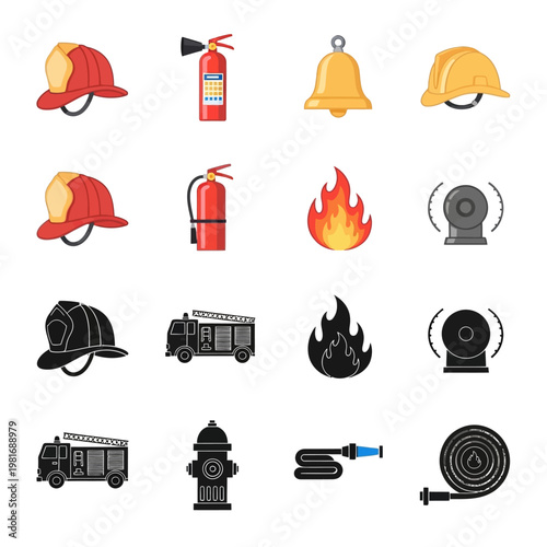 Firefighter equipment and fire icons.