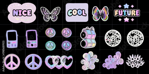 Aesthetic sticker collection featuring retro tech butterflies and positive words