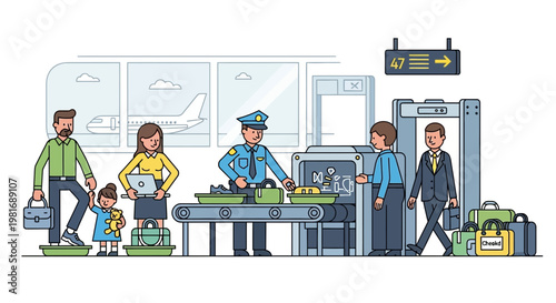 Airport Security Checkpoint: Passengers and Officer at Baggage Scanner and Metal Detector