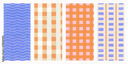 A series of colorful patterned rectangular swatches displayed vertically