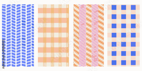 Four vertically oriented patterned rectangles in blue orange and pink