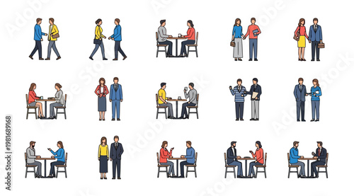 A colorful illustration of various business people interacting and working in different settings, including walking, talking, sitting at tables, and shaking hands in a modern office environment with a