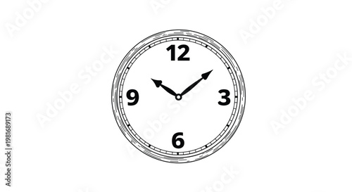Simple black and white line drawing of a classic round analog wall clock showing the time at approximately ten past one.