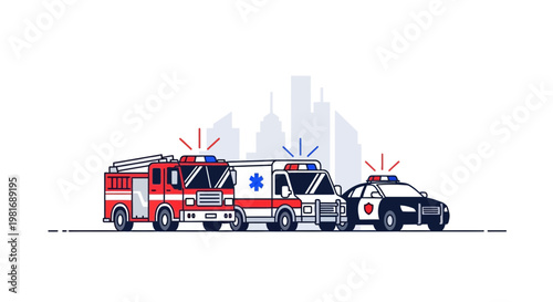 Emergency Services Vector Art: Fire Truck, Ambulance, Police Car with Cityscape Background