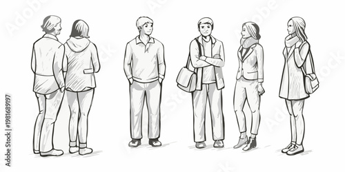 A group of six young people standing and interacting in a sketch