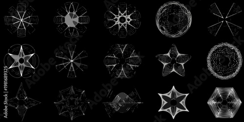 Abstract geometric shapes resembling diatoms against a black background
