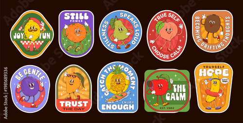 Funny ripe fruits groovy label stickers, retro patches. Vector set of cute cartoon lemon, orange, pear and peach, kiwi, plum or mango, pineapple, strawberry and banana characters with expressive faces