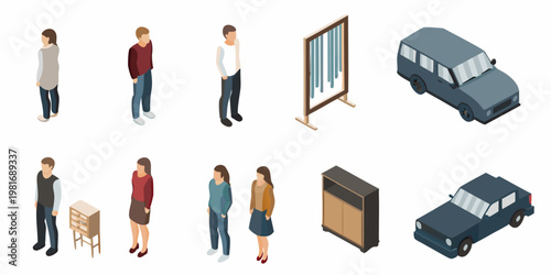 Isometric illustration featuring people vehicles and furniture elements