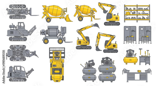 Collection of various construction vehicles and equipment