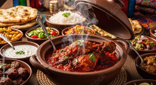 Steaming Indian curry dish with meat and vegetables on a table with various traditional food