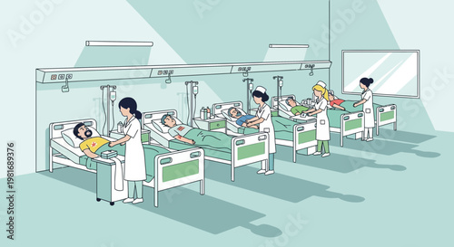 Hospital ward with nurses caring for patients in beds, illustration, medical healthcare concept