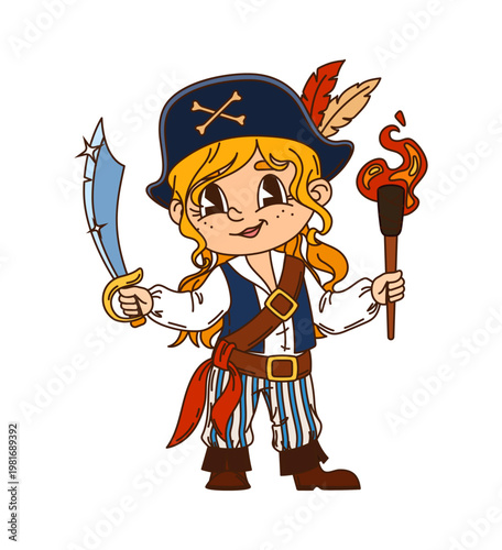 Girl kid pirate skipper cartoon cute character. Kid sailor bandit cute character, child skipper funny vector mascot. Filibuster pirate crew boatswain cheerful personage with fire torch and sword