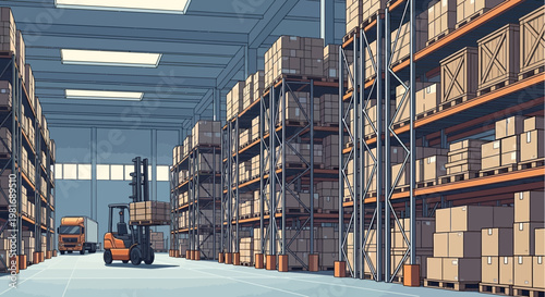Warehouse interior with tall shelves, boxes, and forklift moving cargo. Logistics and storage concept.