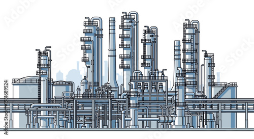 Industrial Factory Complex with Towers and Pipes, Oil Refinery Plant Illustration