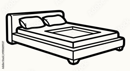 Simple Line Drawing of a Comfortable Bed with Pillows.