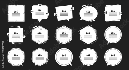 Collection of quote box templates in various geometric shapes with quotation marks for text highlight on black background.