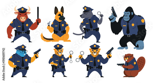 Group of anthropomorphic animals dressed as police officers with various equipment like handcuffs, batons, and guns.