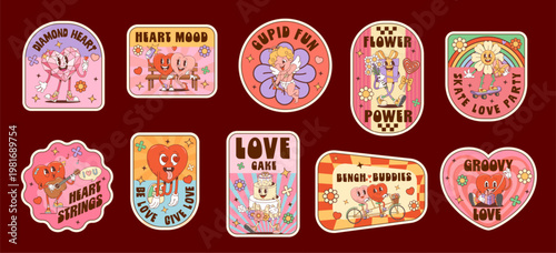 Valentine groovy label stickers and love retro patches with funny characters, cartoon vector. Valentine day love stickers of funky heart with psychedelic smile on face and daisy flowers with rainbows