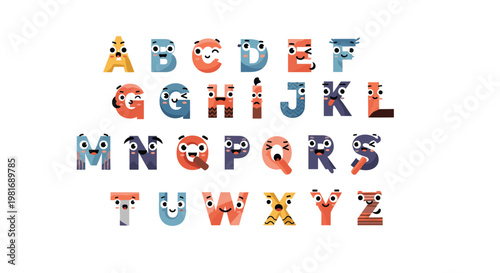 Complete alphabet from A to Z featuring cute cartoon characters for each letter with unique expressions and colors.
