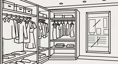 Walk-in Closet Organization with Clothes and Storage.