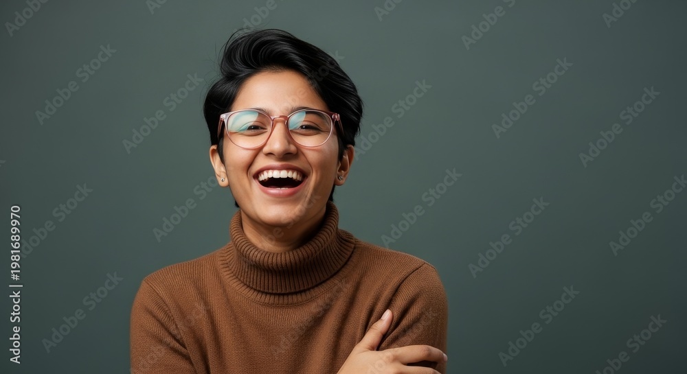 Fototapeta premium A smiling person with glasses and a brown turtleneck sweater against a gray background portrait view