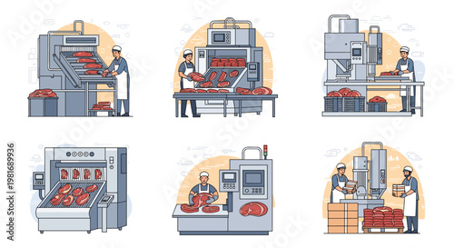 Industrial meat processing factory scenes with workers operating heavy machinery for cutting and packaging raw meat.
