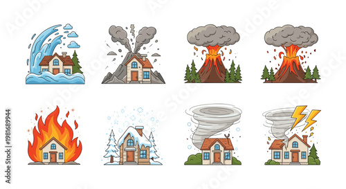 Icons representing various natural disasters affecting houses including tsunami, volcano, fire, flood, and tornado.