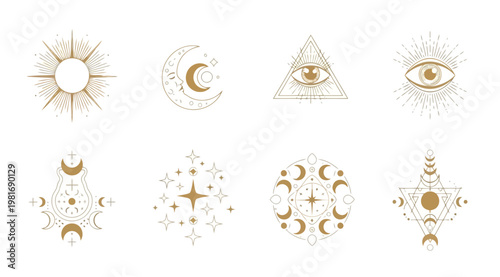 Golden mystical symbols and celestial icons with moons, stars, suns, and eyes in a vector illustration