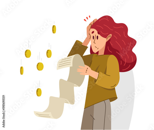 Young woman in trouble have a very long bill or check, vector illustration of a girl worried about to high money spending.