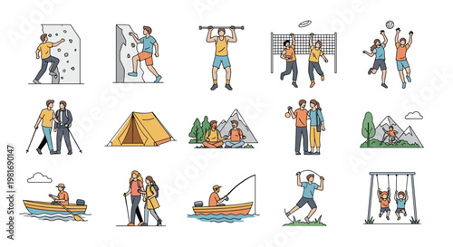 Comprehensive collection of people participating in different sports and outdoor activities like climbing, hiking, and rowing in a flat style.
