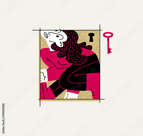 Woman is locked in a rectangular frame, social and cultural restrictions concept, vector illustration of a girl in uncomfortable pose is locked in her mind barriers, cultural frame idea.