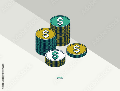Saving money concept poster, vector icon type illustration of a coin stack, economy and savings, income and revenue, cash money growth.